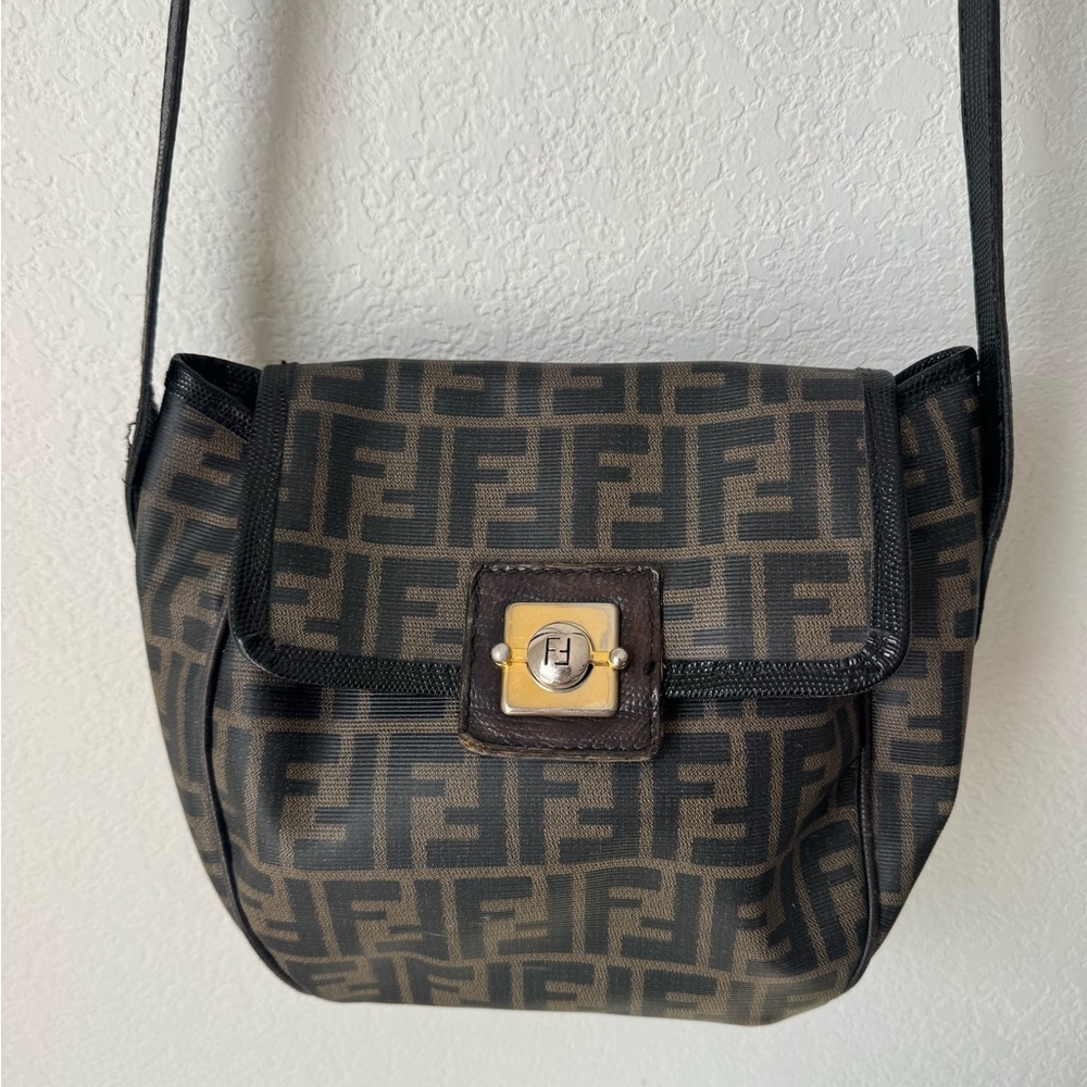 Vintage FENDI Zucca Canvas Crossbody Bag Brown Black Striped